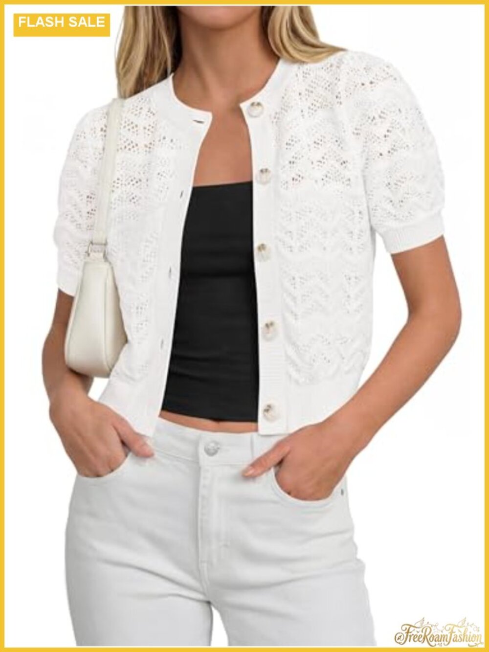 Women's Crochet Cardigan Short Sleeve Puff Cotton Knit Button Up